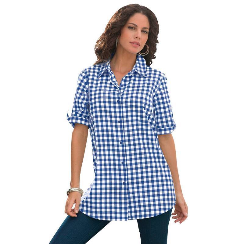 ロアマンズ レディース トップス シャツ プラスサイズ Roaman's Women's Plusize Frencheck Shirt Rich Blue Check ブルー
