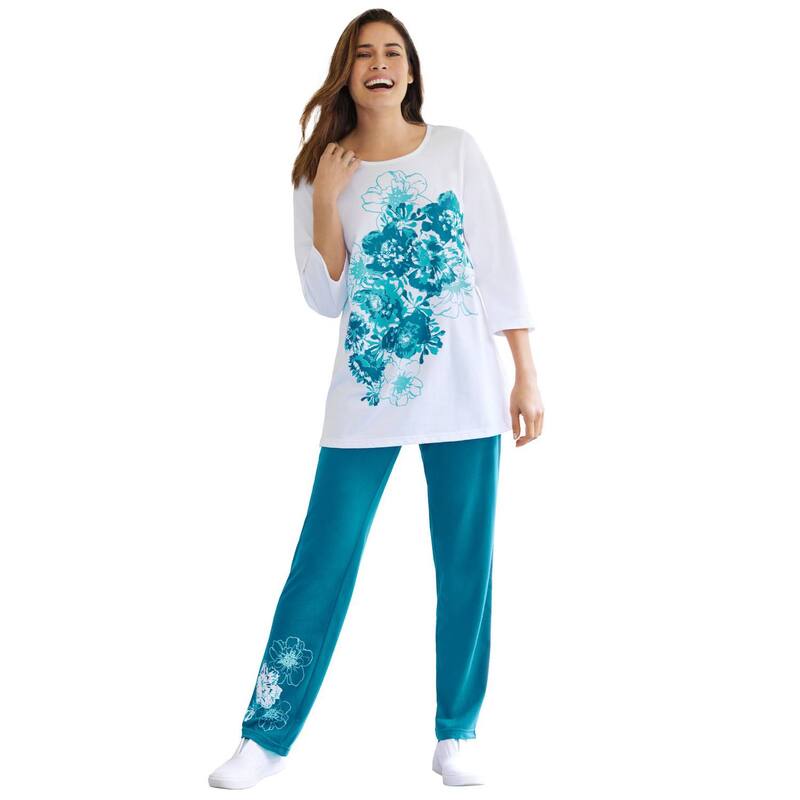 ウーマン ウィズイン レディース トップス Tシャツ フラワー柄 プラスサイズ フラワー Woman Within Plusize Floral Tee And Pant Set Deep Teal Floral ティール｜ReVida 店
