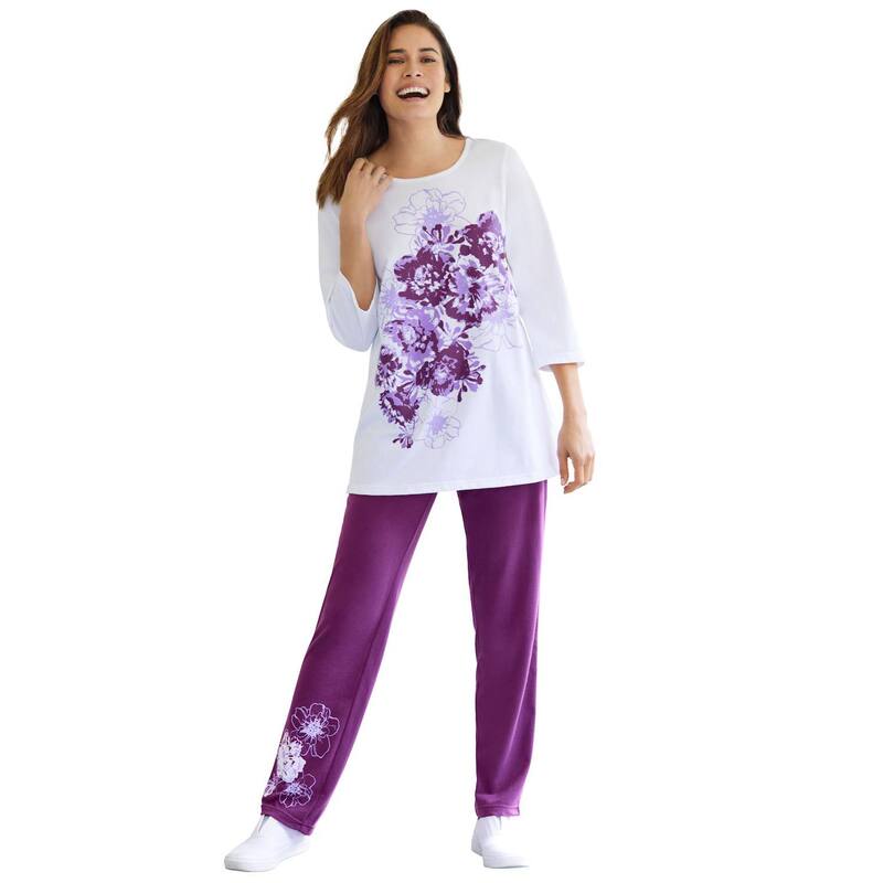 ウーマン ウィズイン レディース トップス Tシャツ フラワー柄 プラスサイズ フラワー Woman Within Plusize Floral Tee And Pant Set Plum Purple Floral パープル 9,975円