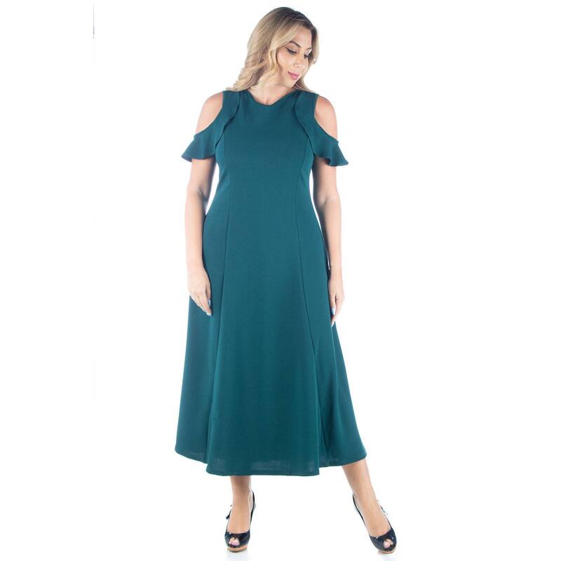 24 セブンコンフォート レディース トップス ワンピース A ライン プラスサイズ フリル マキシ Plusize 24seven Comfort Apparel Ruffle Cold Shoulder A-Line Maxi Dress Green グリーン｜ReVida 店