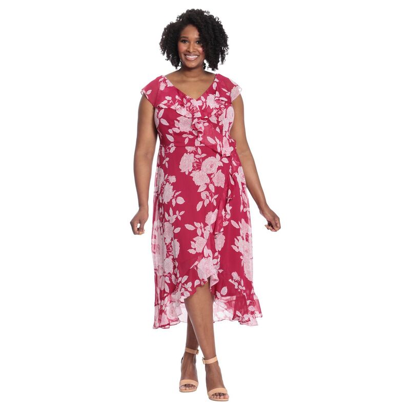 ロンドンタイムス レディース トップス ワンピース プラスサイズ マキシ Plusize London Times Faux Wrap Maxi Dress Red White ホワイト