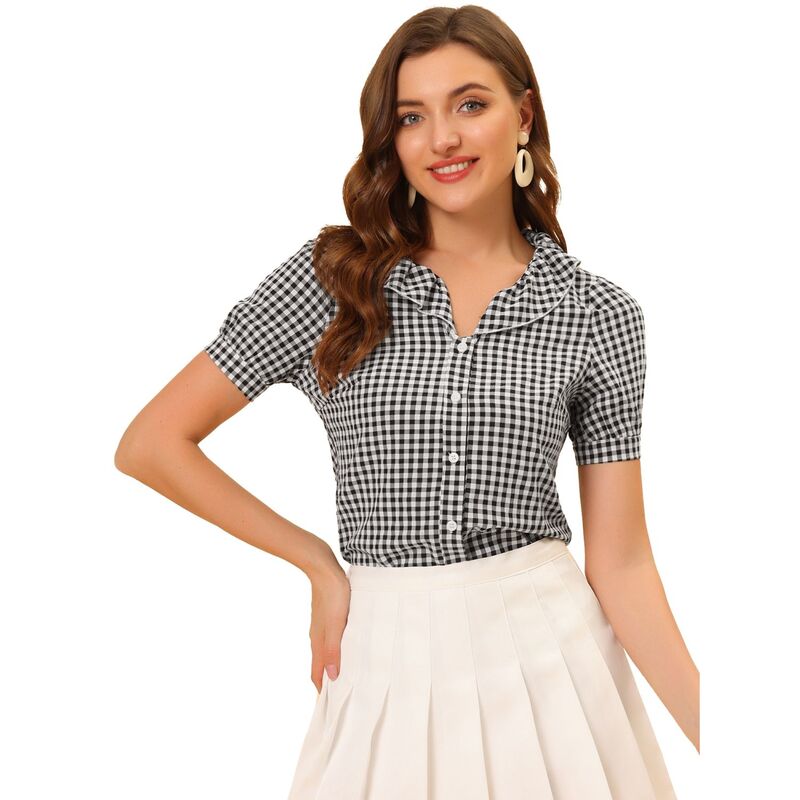 アレグラ ケー レディース トップス シャツ フリル ALLEGRA K Women's Peter Pan Collar Short Sleeve Ruffle Plaid Shirtop Black ブラック
