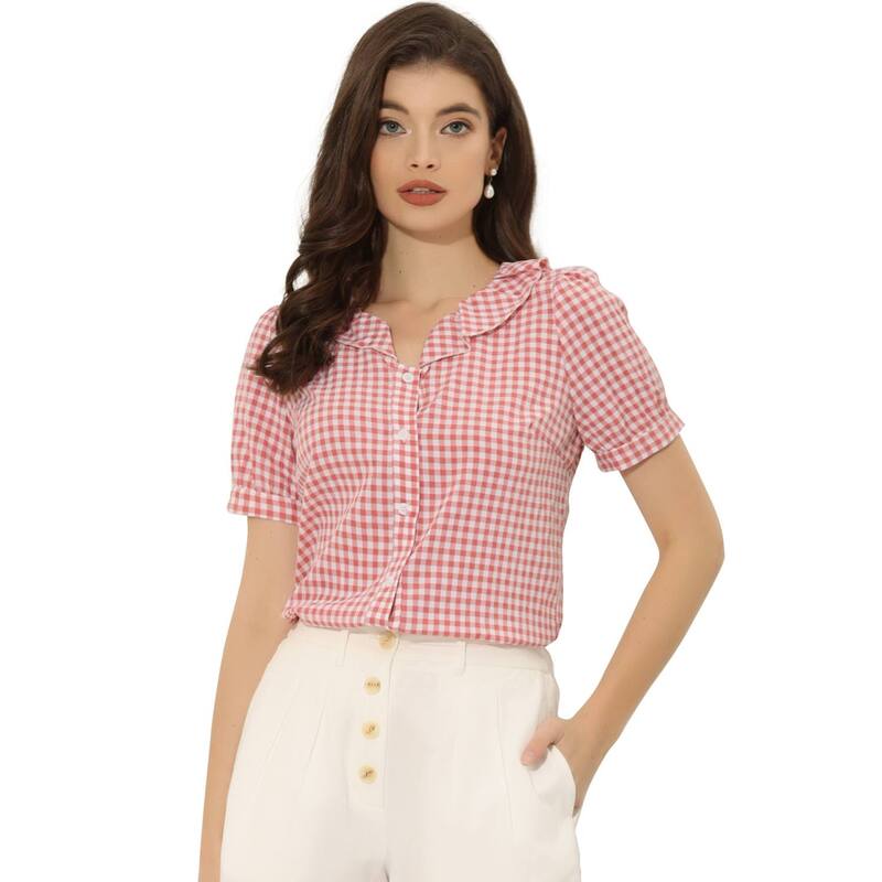 アレグラ ケー レディース トップス シャツ フリル ALLEGRA K Women's Peter Pan Collar Short Sleeve Ruffle Plaid Shirtopink ピンク