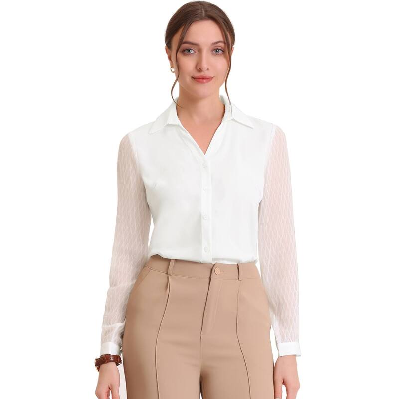 アレグラ ケー レディース トップス シャツ Vネック メッシュ ブラウス ALLEGRA K V Neck Blouse for Women's Lapel Collar Mesh Panelantern Sleevelegant Office Work Shirt White ホワイト