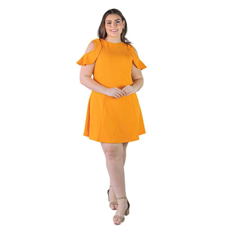 24 セブンコンフォート レディース トップス ワンピース A ライン プラスサイズ フリル Plusize 24Seven Comfort Apparel Ruffle Cold Shoulder A-Line Dress Peach ピーチ｜ReVida 店