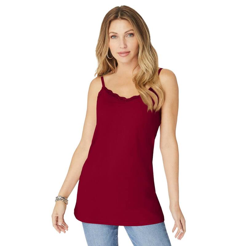 ロアマンズ レディース トップス Tシャツ レーストリム プラスサイズ レース Roaman's Women's Plusize Lace Trim Bra Cami Rich Burgundy バーガンディ