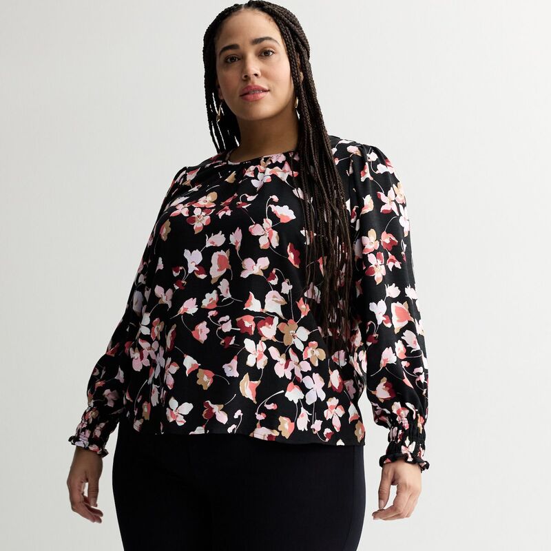 ナインウェスト レディース トップス シャツ プラスサイズ ブラウス Plusize Nine West Long Sleeve Shirred Blouse Black Darya Floral ブラック