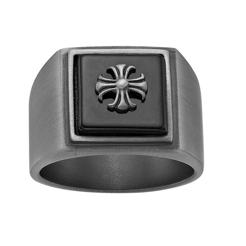 山猫 メンズ 添え物 輪っか ティーシャツ LYNX Men\u0027s Gray Ion Plated Stainlessteel Ring Black Agate Cross Ring Multi マルチ色合い