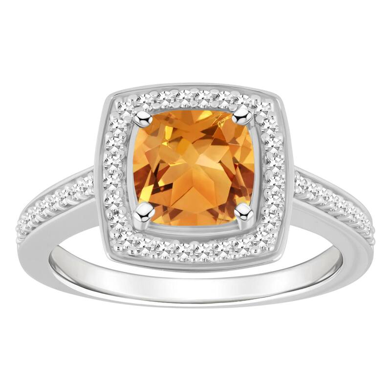 Celebration Gems レディース アクセサリー リング Celebration Gemsterling Silver 7 mm Cushion Gemstone & 1/4 Carat.W. Diamond Halo Ring Citrine シルバー
