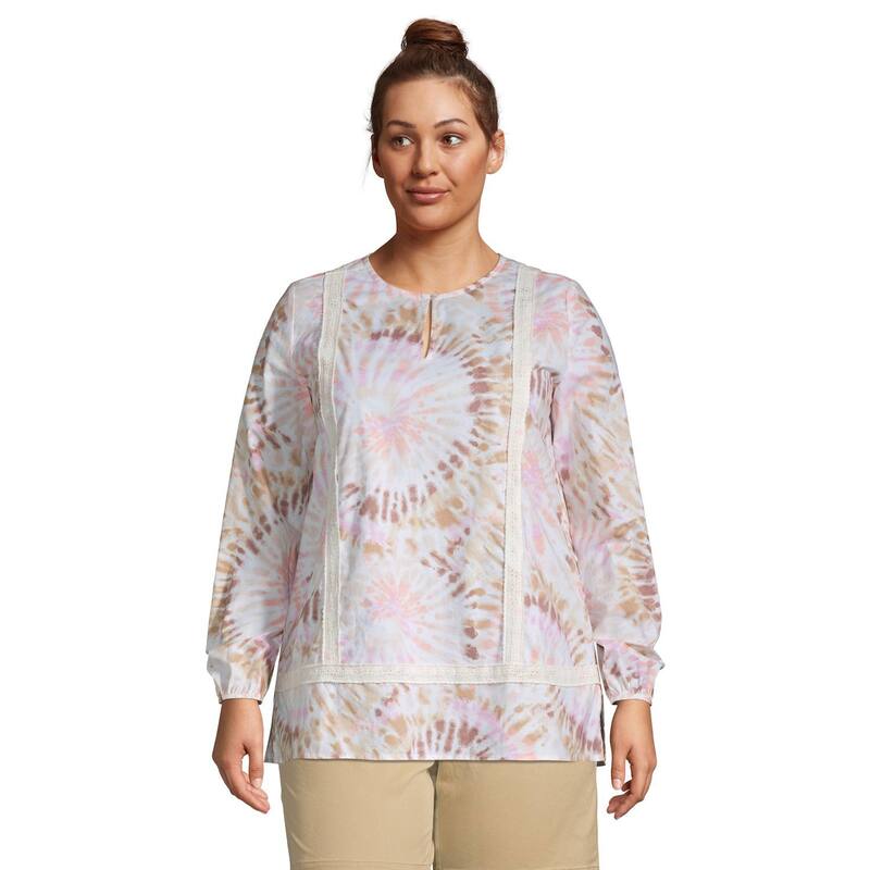 ランズエンド レディース トップス Tシャツ プラスサイズ Plusize Lands' End Poplin Splitneck Tunic Top White Burstie Dye ホワイト