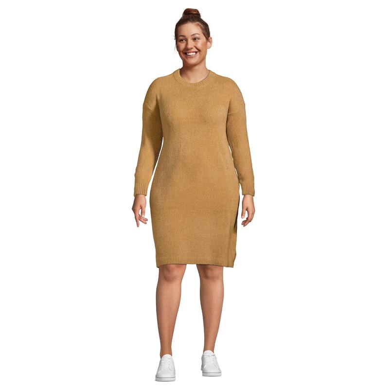 ランズエンド レディース トップス ワンピース クルーネック プラスサイズ セーター Plusize Lands' End Lounge Crewneck Sweater Dress Rich Camel キャメル|ReVida 店