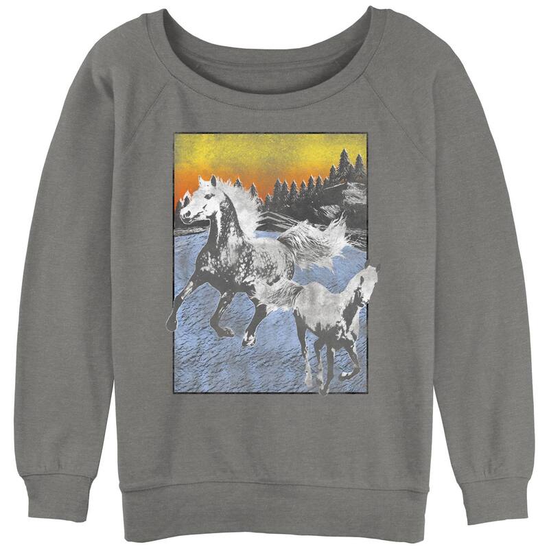 アニメ文字記号 レディース トップス プルオーバー パイル 旗がしら ケープ Licensed Character Juniors\u0027s Horses Freedom Landscape Paint Slouchy Terry Gray Heather 薄墨色