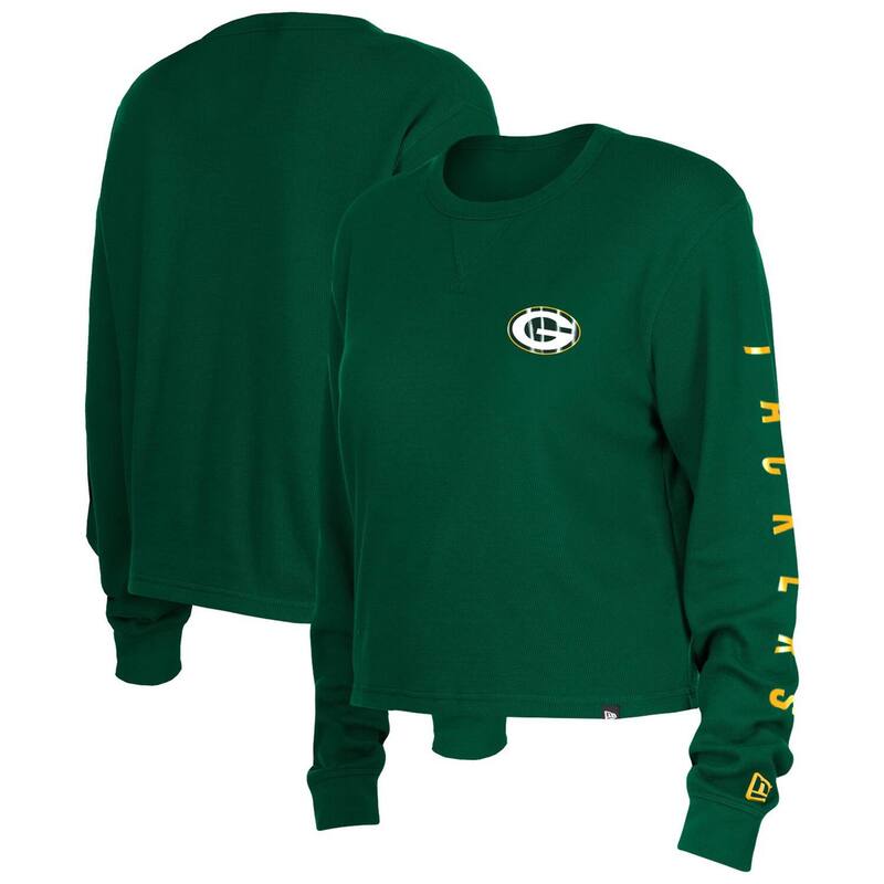 ニュー内鰓 レディース トップス プルオーバー Women\u0027s New Era Green Bay Packers Thermal Crop Long Sleeve T-Shirt Pkr Green 緑であること