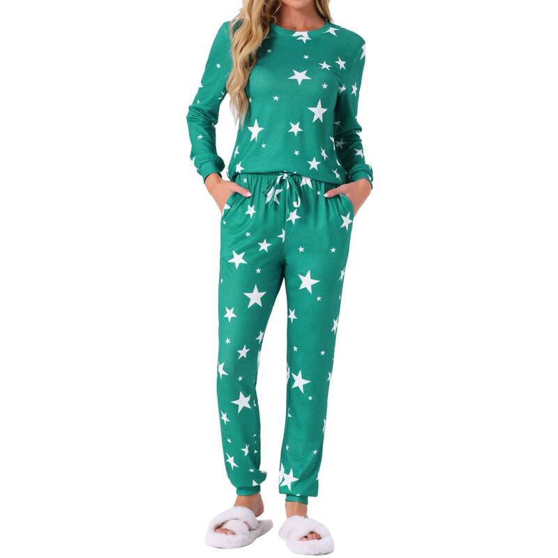 cheibear レディース アンダーウェア ナイトウェア プリント cheibear Women's Long Sleeve Pajama Sets Kint Printed Pattern 2 Piece Sleepwear Green Star グリーン