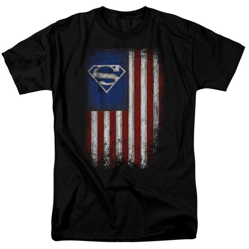 アニメキャラクター メンズ トップス Tシャツ Licensed Character Superman Old Glory Shield Short Sleeve Adult-shirt Black ブラック