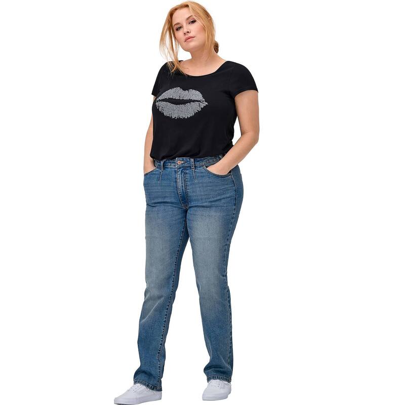 Ellos レディース ボトムス デニムパンツ プラスサイズ ジーンズ ellos Plusize Mid-Rise Straight Stretch Jeans Light Stonewash
