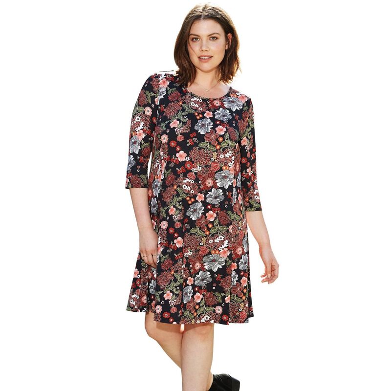 Ellos レディース トップス 衣装 付け加える大いさ 編み物 ellos Plusize Madison Knithree-Quarter Sleeve Dress Black Abstract Dot 黒いこと レディースファッション-ワンピース