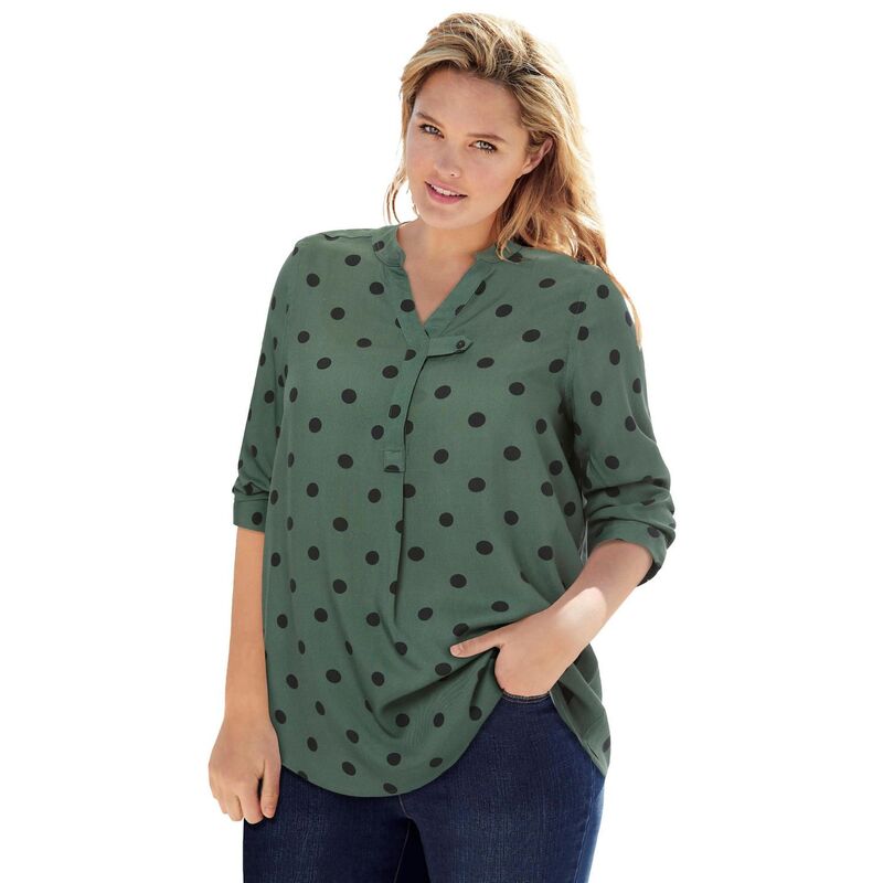 成人女性 ウィズはたご屋 レディース トップス プルオーバー つけ加える大きさ Woman Within Plusize Rayon 7-Day Three-Quarter Sleeve Tab-Frontunic Pine Dot