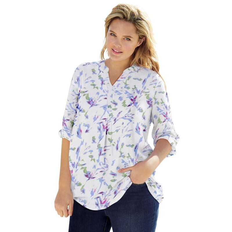 ウーマン ウィズイン レディース トップス Tシャツ プラスサイズ Woman Within Plusize Rayon 7-Day Three-Quarter Sleeve Tab-Frontunic White Misty Floral ホワイト