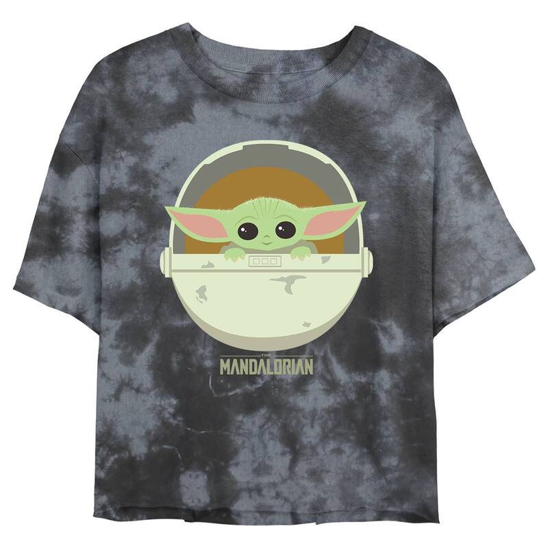 スター ウォーズ レディース トップス Tシャツ Juniors' Star Wars: The Mandalorian The Child Bassinet Portrait Wash Crop Tee Black Charcoal ブラック|ReVida 店
