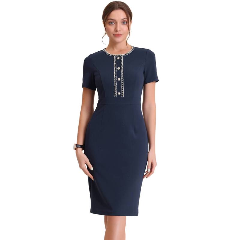 アレグラ ケー レディース トップス ワンピース ツイード ALLEGRA K Women's Work Business Tweed Trim Round Neck Short Sleeve Sheath Dresses Navy Blue ネイビー｜ReVida 店
