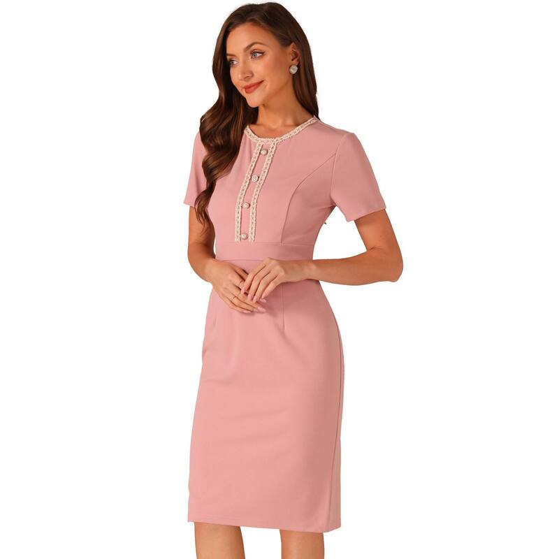 アレグラ ケー レディース トップス ワンピース ツイード ALLEGRA K Women's Work Business Tweed Trim Round Neck Short Sleeve Sheath Dresses Pink ピンク