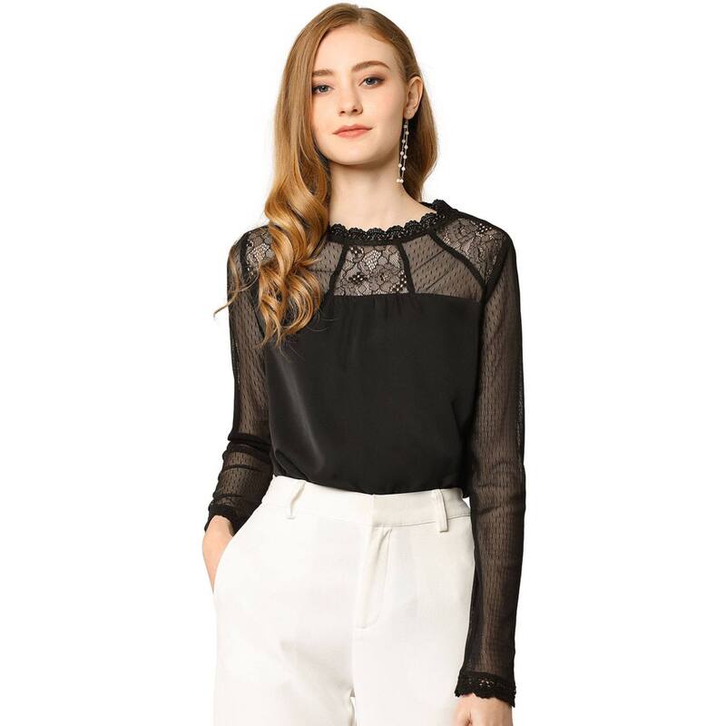 アレグラ ケー レディース トップス シャツ シフォン フラワー柄 ブラウス レース フラワー ALLEGRA K Women Round Neck Casual Blouses Lace Floralong Sleeve Chiffon Tops Black ブラック