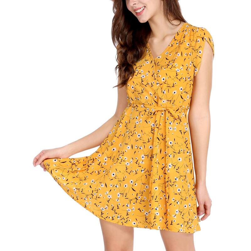 アレグラ ケー レディース トップス ワンピース Vネック フラワー柄 フラワー ALLEGRA K Women's Floral Crossover V Neck Petal Sleeves Beltedress Yellow イエロー