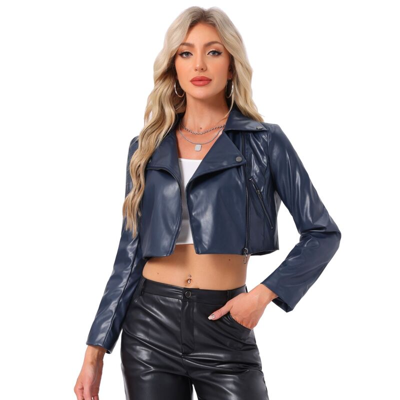 アレグラ ケー レディース アウター ジャケット・ブルゾン クロップド レザー フェイクレザー ALLEGRA K Women's Faux Leather Pu Long Sleeve Zipper Cropped Biker Jacket Dark Blue ブルー