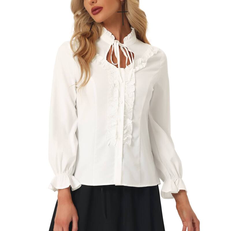 アレグラ ケー レディース トップス シャツ ヴィンテージ フリル ブラウス ALLEGRA K Women's Victorian Blouse Vintage Ruffled Long Sleeve Button Up Gothic Shirtops White ホワイト