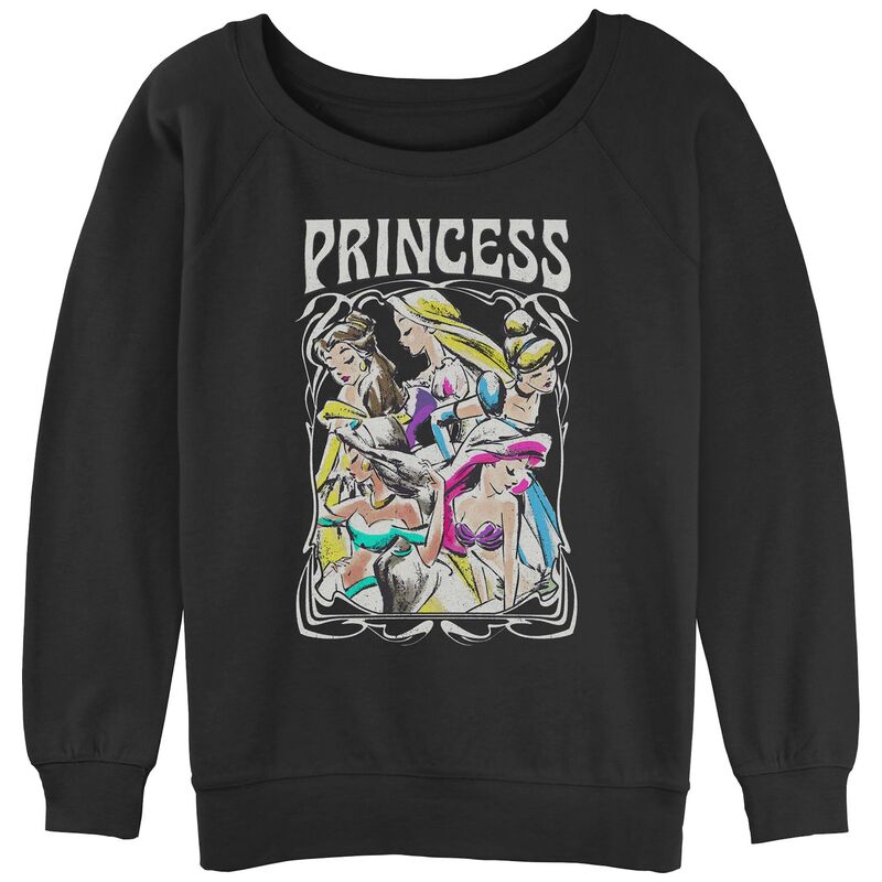 ディズニー レディース トップス Tシャツ パイル グラフィック Disney's Belle Rapunzel Cinderella Jasmine & Ariel Princess Profile Portrait Juniors' Graphic Slouchy Terry Black ブラック