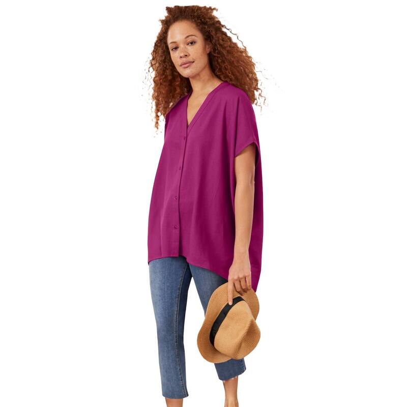 Ellos レディース トップス Tシャツ プラスサイズ リネン ellos Plusize Oversized Linen-Blend Tunic Raspberry|ReVida 店