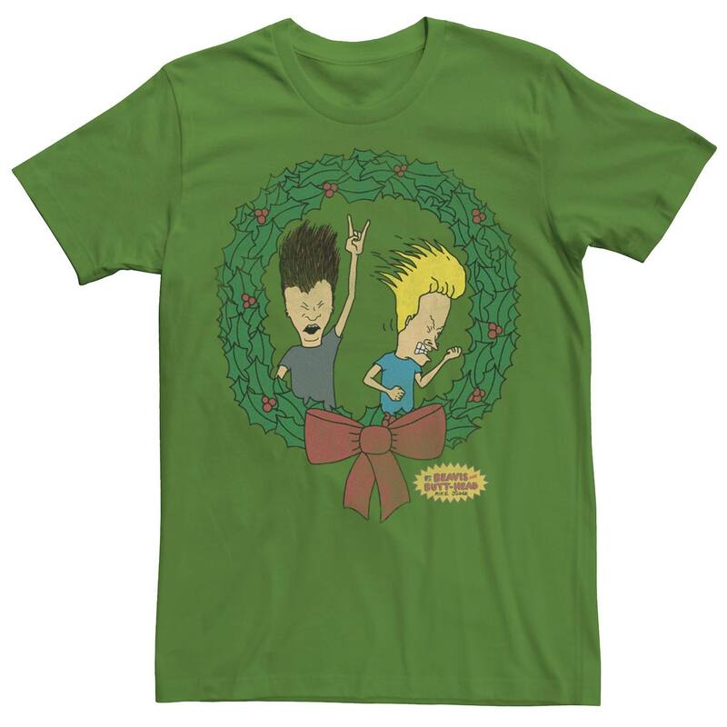 アニメ人となり メンズ トップス ティーシャツ Licensed Character Men\u0027s Beavis and Butthead Rock On Christmas Wreath Tee Kelly メンズファッション-Tシャツ・カットソー-トップス