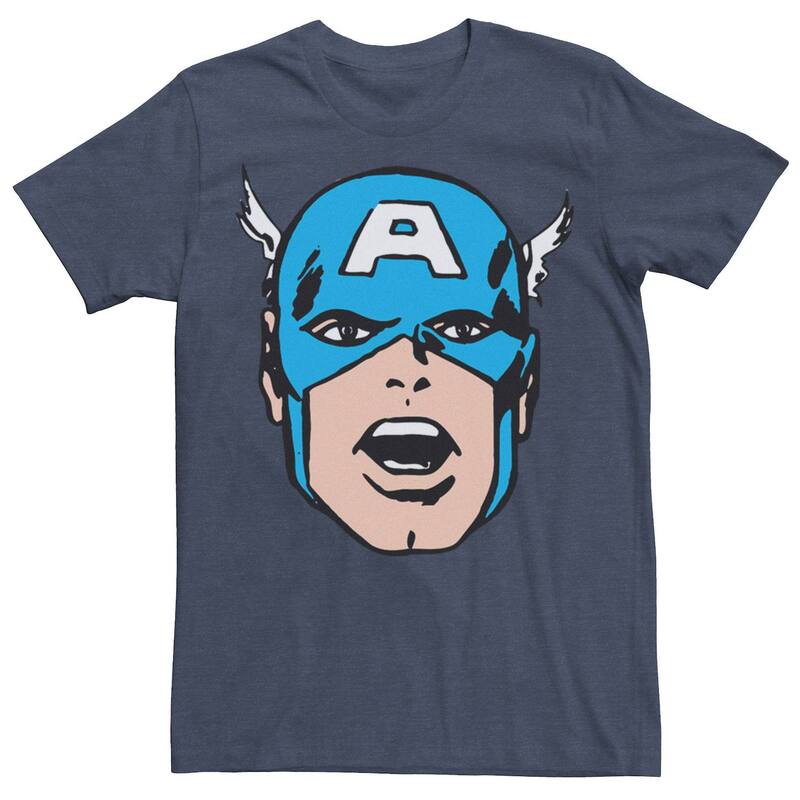 マーベル メンズ トップス ティーシャツ 鳥打ち帽 グラフィック Men\u0027s Marvel Captain American Big Face Graphic Tee Navy Heather ギョリュウモドキ トップス-メンズファッション-Tシャツ・カットソー