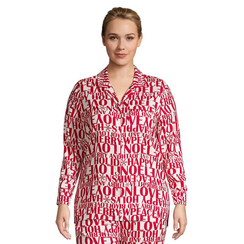 ランズエンド レディース アンダーウェア ナイトウェア プラスサイズ Plusize Lands' End Long Sleeve Flannel Pajama Top Ivory Greetings アイボリー