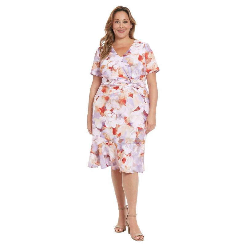 ロンドンタイムス レディース トップス ワンピース Vネック プラスサイズ ミディ Plusize London Times V-Neck Twist Flounce Midi Dress Lavender ラベンダー