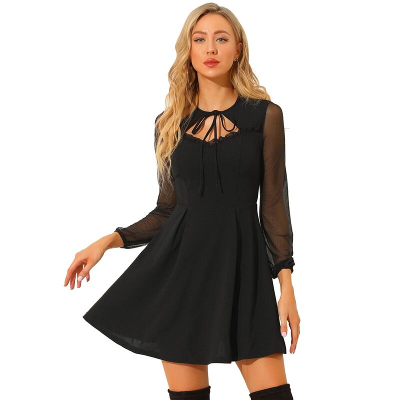 アレグラ ケー レディース トップス ワンピース フリル ミニ メッシュ ALLEGRA K Women's Tie Neck Ruffled Mesh Long Sleeve Mini Dress Black ブラック