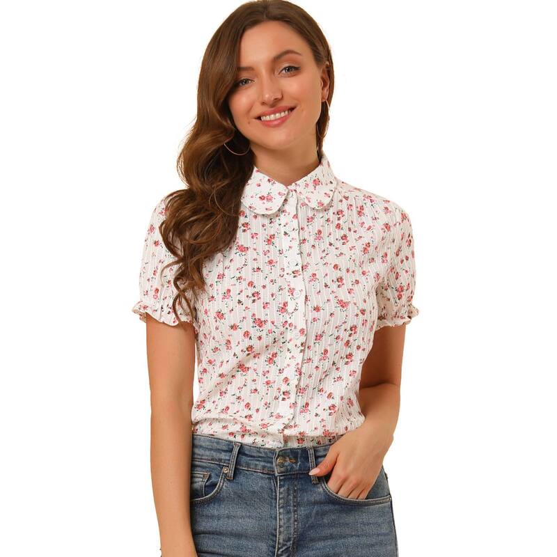 アレグラ ケー レディース トップス シャツ フラワー柄 コットン フラワー ALLEGRA K Women's Floral Topeter Pan Collar Cotton Short Sleeve Shirt Pink ピンク