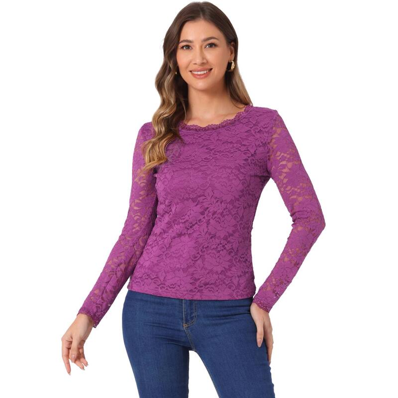 アレグラ ケー レディース トップス シャツ シアー ブラウス レース ALLEGRA K Women Round Neck Long Sleevesheer Flower Embroidery Lace Blouse Dark Purple パープル