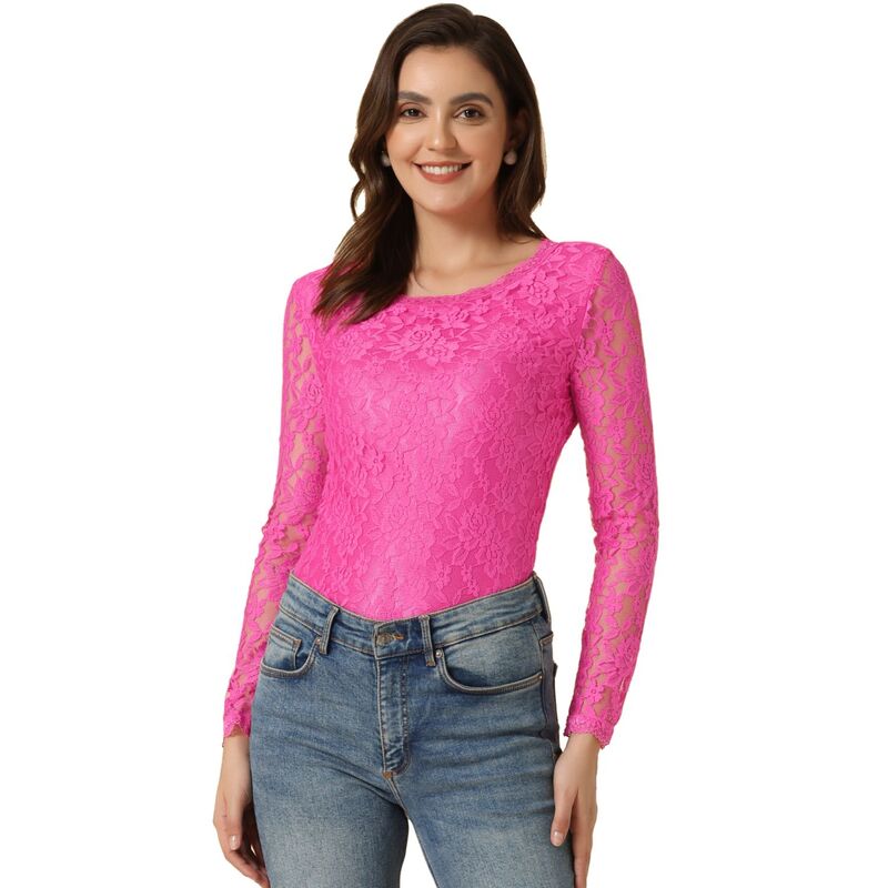 アレグラ ケー レディース トップス シャツ シアー ブラウス レース ALLEGRA K Women Round Neck Long Sleevesheer Flower Embroidery Lace Blouse Hot Pink ピンク