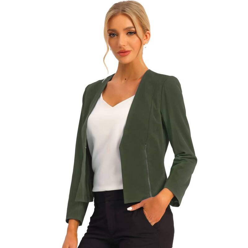アレグラ ケー レディース アウター 上衣・上衣 クロップド スポーツジャケット ALLEGRA K Women\u0027s Workwear Zipper Collarless Cropped Blazer Army Green 緑であること