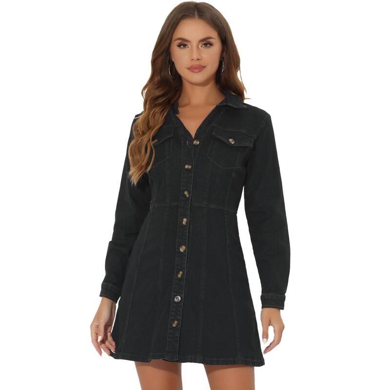 アレグラ ケー レディース トップス ワンピース Vネック シャツ デニム ALLEGRA K Women's Denim V-Neck Roll Up Sleeve Shirt Dress Black ブラック
