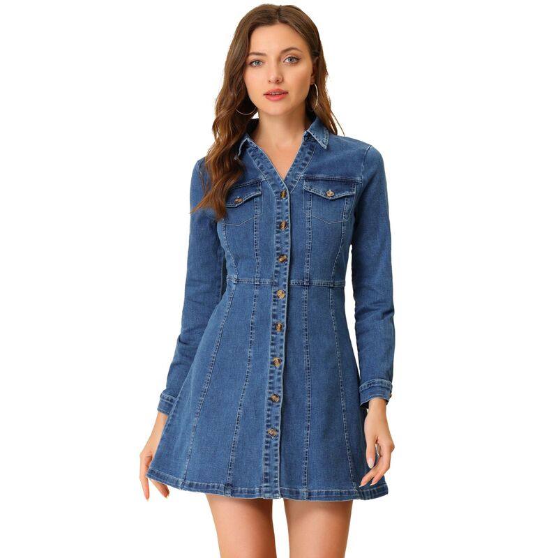 アレグラ ケー レディース トップス ワンピース Vネック シャツ デニム ALLEGRA K Women's Denim V-Neck Roll Up Sleeve Shirt Dress Blue ブルー 19,156円