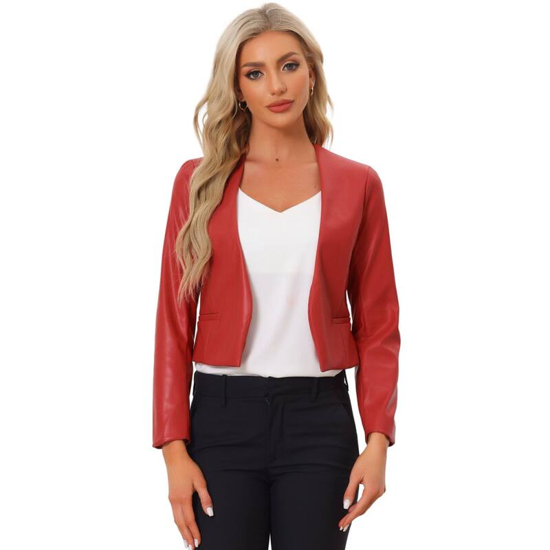 アレグラ ケー レディース アウター ジャケット・ブルゾン レザー フェイクレザー ALLEGRA K Women's Collarless Open Front Faux Leather Crop Moto Jackets Red レッド