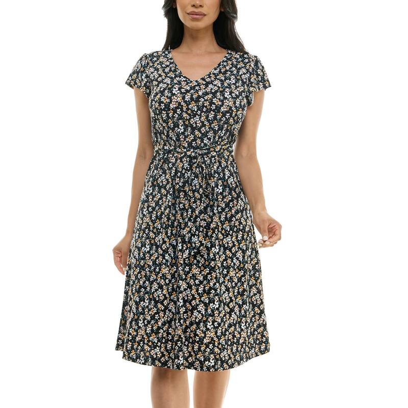 ニナレオナルド レディース トップス ワンピース Vネック キャップ Women Nina Leonard Cap Sleeve V-Neck Dress Black Sunflower Multi ブラック