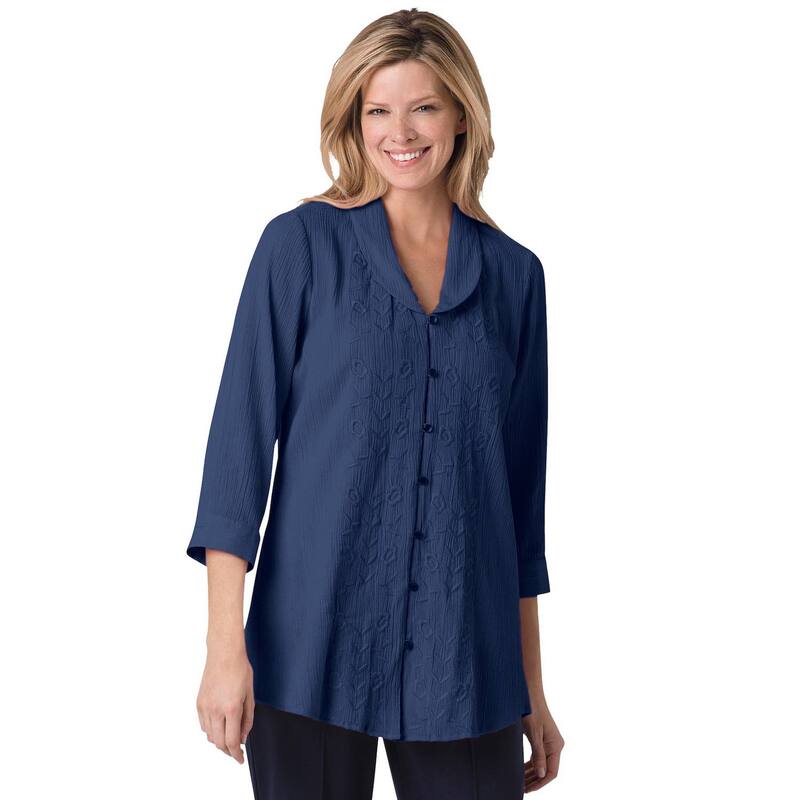 ウーマン ウィズイン レディース トップス Tシャツ プラスサイズ Woman Within Plusize Textured Gauze Tunic With Shawl Collar Navy ネイビー