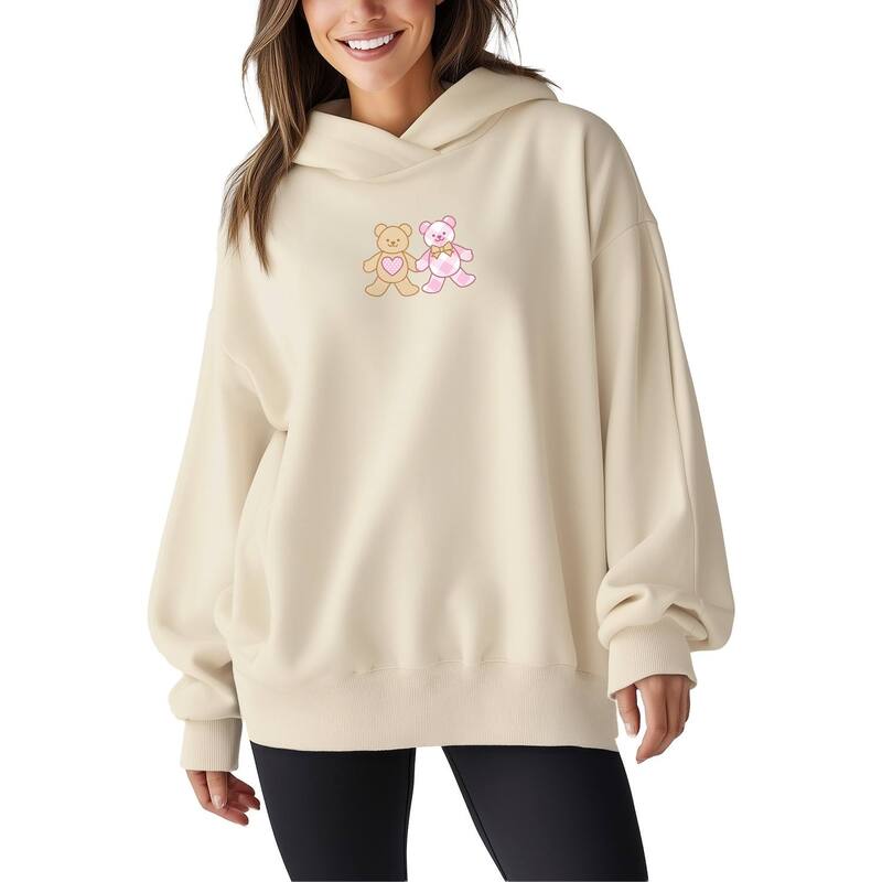 アニメキャラクター レディース アウター パーカー・スウェット シャツ フリース Licensed Character Women's Teddy Bear Pair Heart Oversized Fleece Hoodie Sweatshirt Cream クリーム