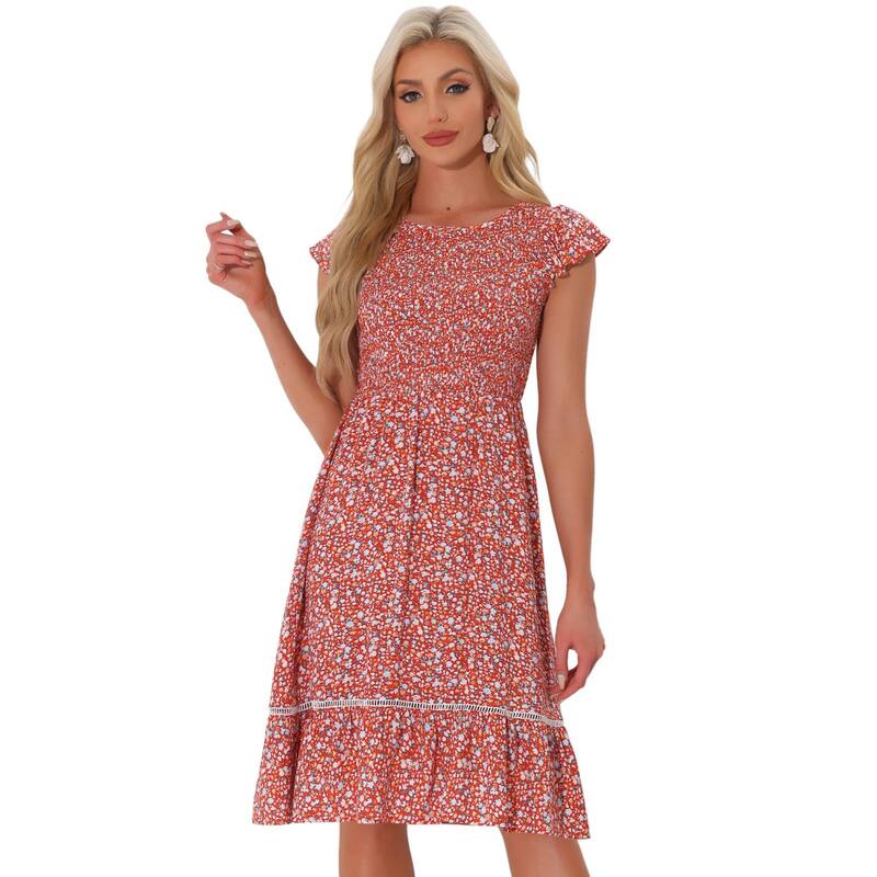 アレグラ ケー レディース トップス 衣装 お花柄 midi シャーリング お花 ALLEGRA K Women\u0027s Fit And Flare Summer Floral Midi Smockedress Red 赤いこと ワンピース-レディースファッション