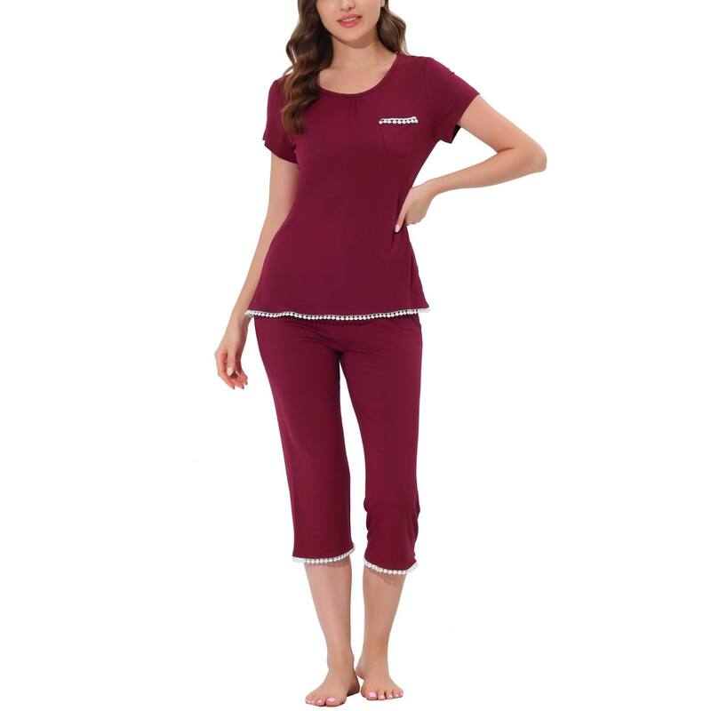cheibear レディース アンダーウェア ナイトウェア キャップ cheibear Women's Lounge Sleepwear Pajama Round Neck Capri Nightwear Casual Sets Red レッド