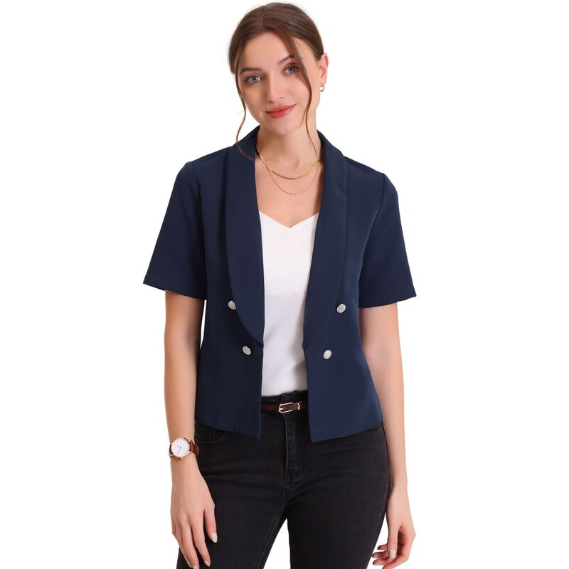 アレグラ ケー レディース アウター ジャケット・ブルゾン カーディガン ブレザー ALLEGRA K Women Casual Shawl Collar Open Front Cardigan Short Sleeve Work Office Suit Blazers Navy Blue ネイビー